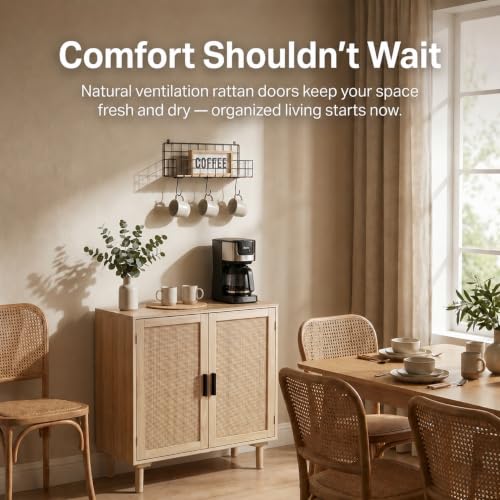Boho Sideboard Buffet Cabinet with Rattan Doors, Kitchen Storage Console