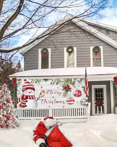 Red Snowman Christmas Garage Door Banner 7x8 ft Snowman Bird Xmas Decoration