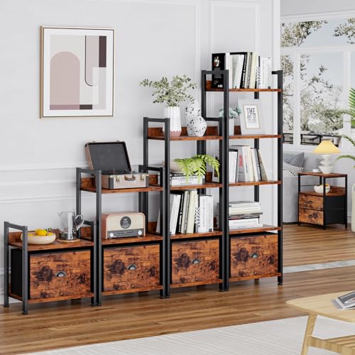 5-Tier Tall Narrow Bookshelf with Fabric Drawer - Rustic Brown
