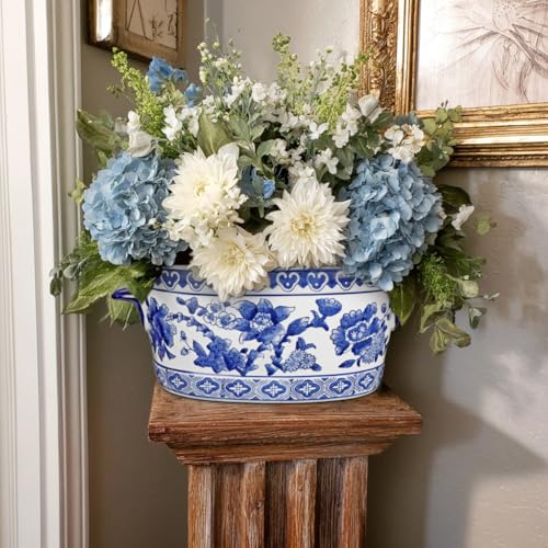 Blue and White Ceramic Planter Pot - Vintage Floral Oval Cachepot