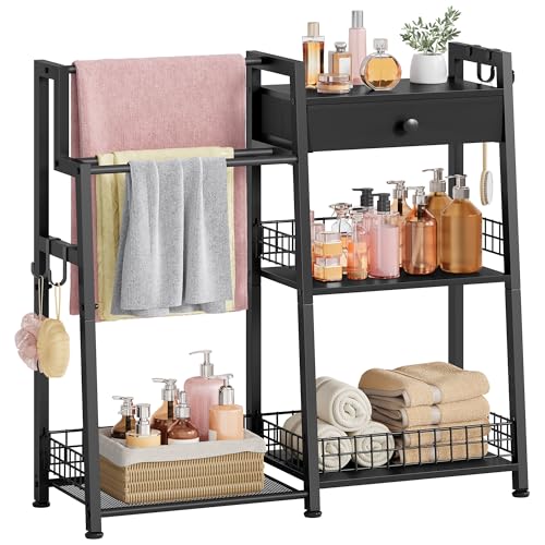 3-Tier Bathroom Ladder Shelf with Towel Rack and Storage Drawer