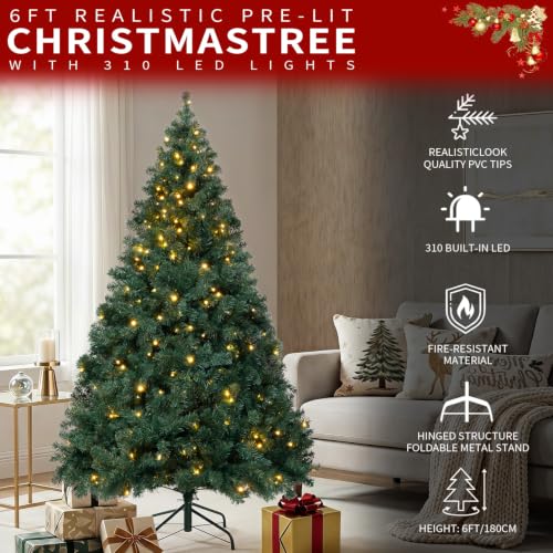 DNKMOR 6FT Christmas Tree with Warm White Lights Artificial Xmas Tree