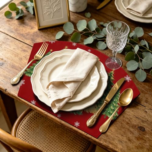 Christmas Placemats Set of 4 with Xmas Tree Pattern, 17.5x11.8 Inches - Holiday Table Decor