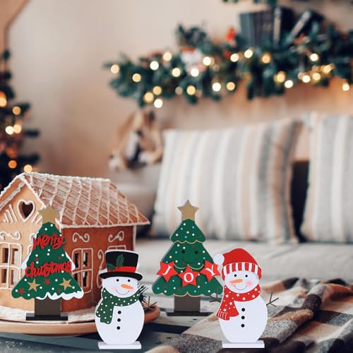 DECSPAS Wooden Christmas Trees & Snowmen Set - Indoor Holiday Decor, 4 pcs, Christmas Table Centerpiece