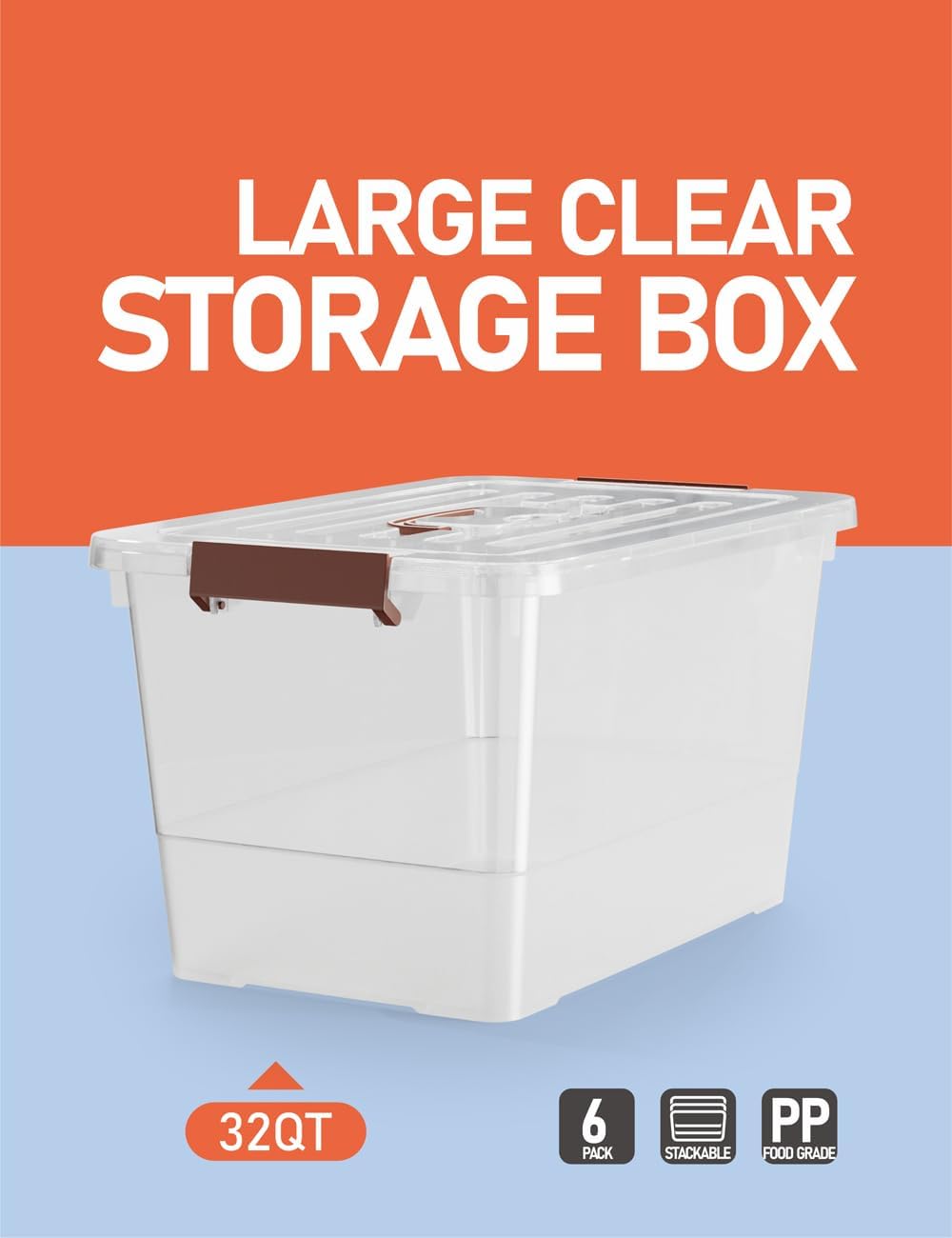 WYT 32 Qt Clear Plastic Storage Bins - Durable Lids & Latching Buckle | 6-Pack Stackable Organizers