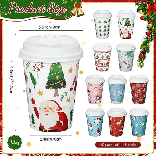 Mifoci 100 Pack Christmas Coffee Cups with Lids 12 oz – Festive Holiday Party Supplies