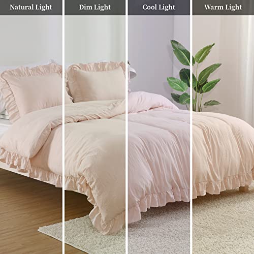 Pink Ruffled Duvet Cover Set - Twin Size Vintage French Country Bedding