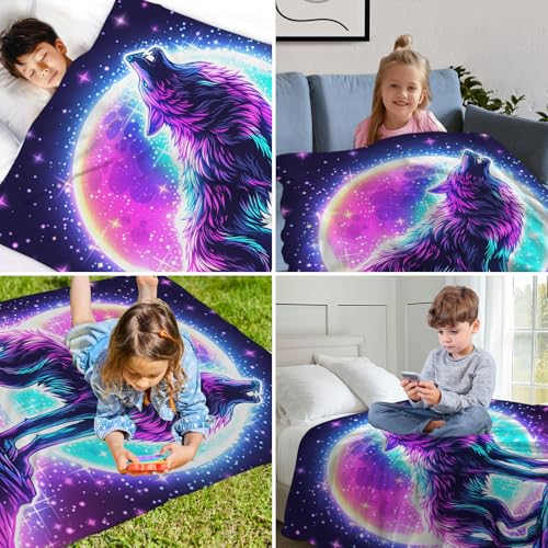 GNEW Galaxy Wolf Moon Blanket 80x60 Inches, Soft Plush Space Wolf Starry Sky Kids Gift