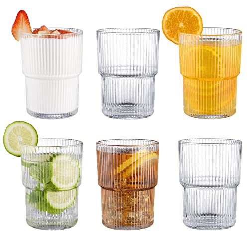 BJMEDYM 6-Pack Clear Ribbed Drinking Glasses 14oz Stackable Bar & Kitchenware