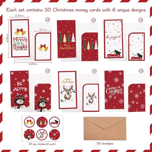 Christmas Money Gift Cards with Envelopes - 30 Pack for Holiday Gifts