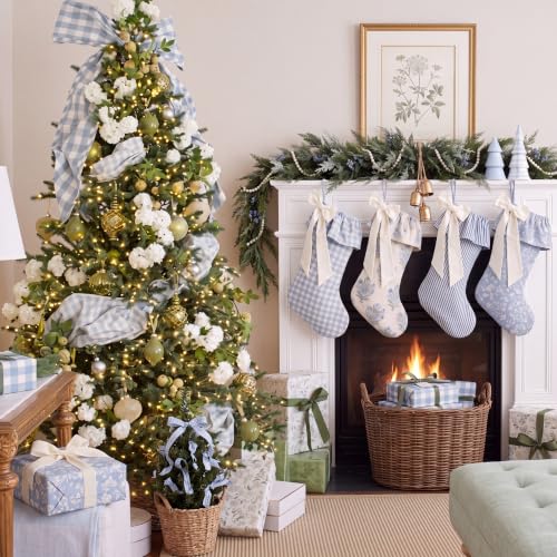 Twistover 4 Pack Blue Gingham Floral Christmas Stockings with Ruffled Cuffs & Bows