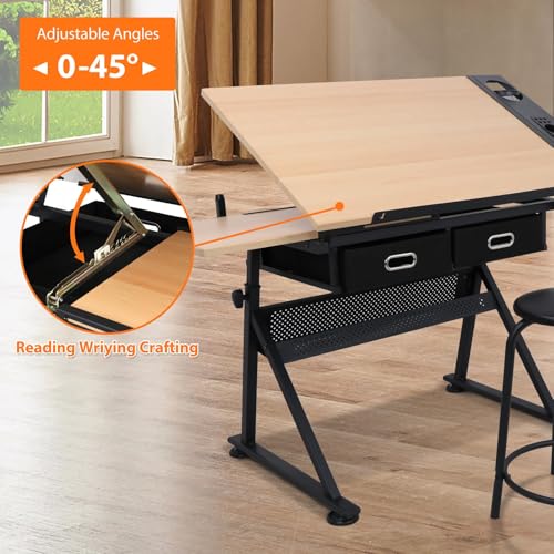 Adjustable Drafting Table with Stool and 2 Drawers, Tilting Art Desk