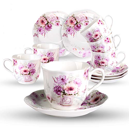 GuangYang 7 oz Porcelain Tea Cup & Saucers Set - Elegant Floral Pattern, Pack of 6