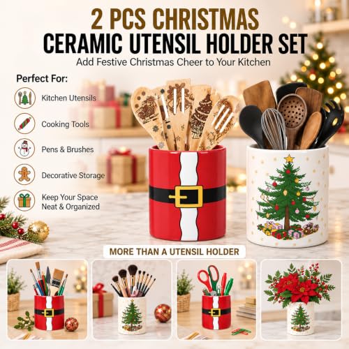 FoldTier Christmas Utensil Holder Set with Santa Belt & Christmas Tree Designs - Kitchen Decor, 2 Pcs, Holiday Gift