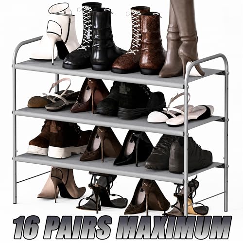 3-Tier Shoe Rack Storage Organizer, Compact Entryway Shoe Shelf, Grey