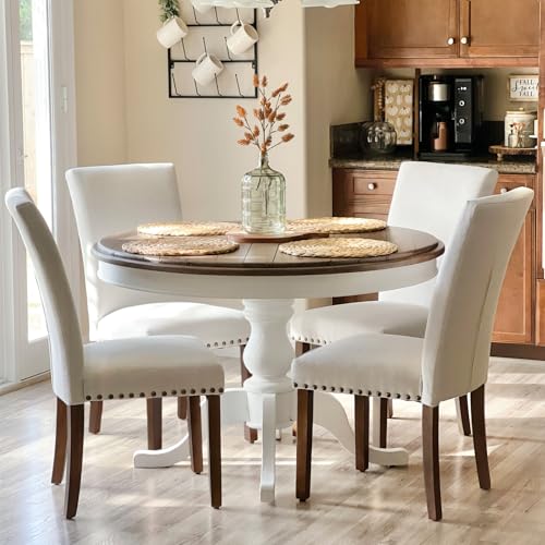 Upholstered Dining Chairs Set of 4, Beige Linen Parsons Chairs with Nailhead