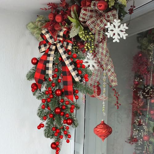 CITYES Xmas Artificial Teardrop Swag Wreath with Pine Cones & Red Berries, Outdoor Indoor Holiday Door Decor