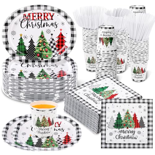 Ziliny Christmas Tree Paper Dinnerware Set with Napkins & Cups, 300 pcs Xmas Party Supplies