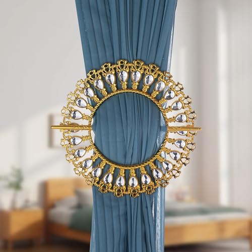 2-Piece Crystal Floral Curtain Tiebacks, Ornate Metal Drapery Holdbacks