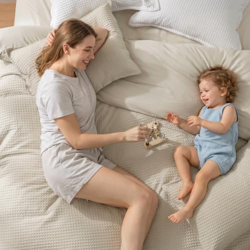 Waffle Weave Duvet Cover Set - Queen Size 3-Piece Honeycomb Bedding