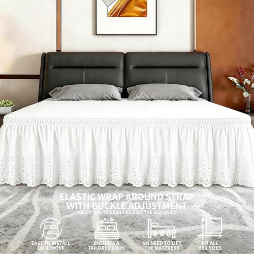 Queen Wrap-Around Elastic Bed Skirt - 18" Drop White Eyelet Dust Ruffle