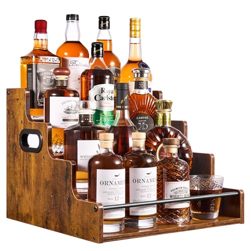4-Tier Liquor Bottle Display Shelf – 16-Inch Rustic Wood & Metal Rack