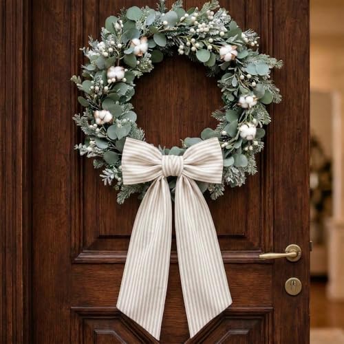 Khaki Striped Burlap Wreath Sash for Front Door Decor - 54 Inch Ribbon