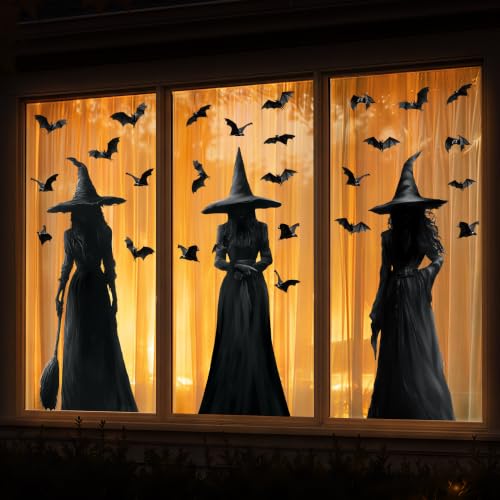 Halloween Window Clings - 3pcs Dark Witch & Bat Decor