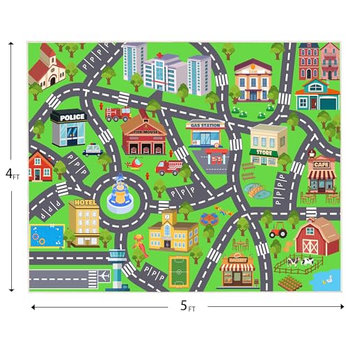 4x5ft Kids City Road Play Mat, Non-Slip Faux Wool Washable Area Rug