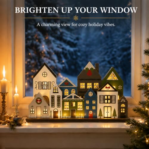 Lighted Wooden Christmas Village Houses - Rustic Tabletop Holiday Centerpiece