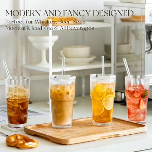 20oz Ribbed Glass Tumbler with Lid and Straw - Reusable Iced Coffee Cup
