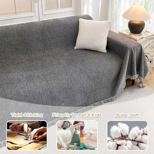 Non-Slip Chenille Couch Cover for Pets - Washable Sofa Throw, 71" x 118", Dark Grey