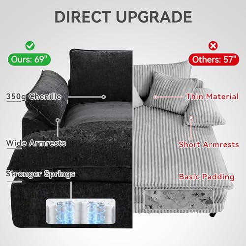 69" Oversized Chenille Chaise Lounge Chair with Ottoman, Dark Grey