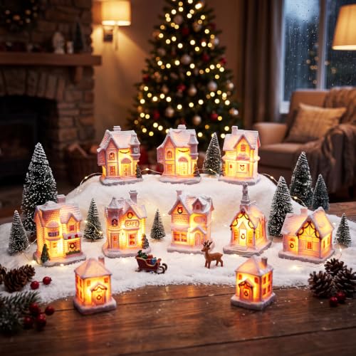 Soaoo 10 Pcs Christmas Village Houses with Figurines – Pink LED Lighted Mini Village Set