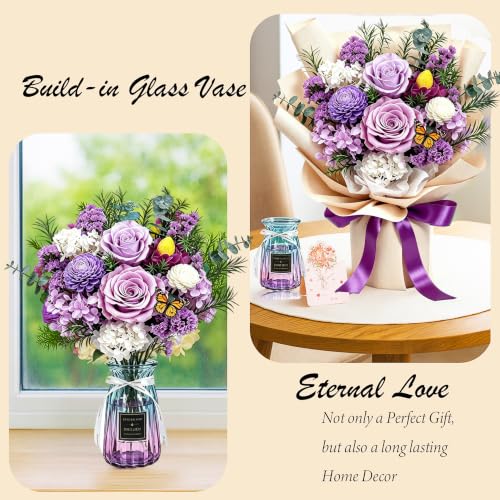 Preserved Purple Rose Bouquet with Glass Vase - Everlasting Floral Decor