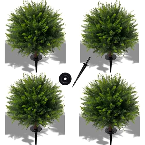 24.5-Inch Artificial Cedar Topiary Ball Trees - 4 Pack UV Resistant Shrubs