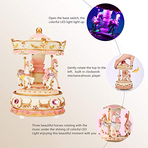 Rotating Carousel Music Box with Color Lights and Horses, Gift Wrapped