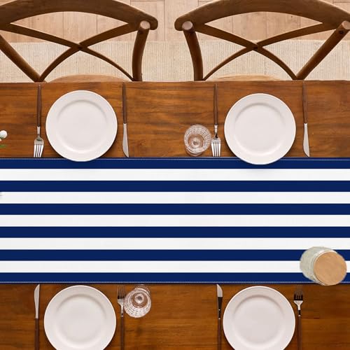 Navy Blue and White Striped Table Runner, 13" x 72" Nautical Dining Decor