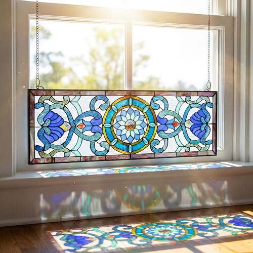Victorian Stained Glass Window Panel - 35 x 12 Inches, Blue Design