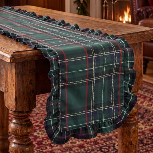 Moukeren 2-Pack Christmas Tartan Plaid Table Runners with Ruffle - Farmhouse Style, 16x70 Inches