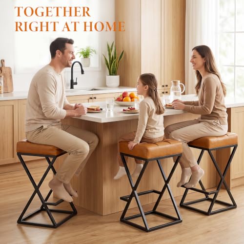 VATROS Walnut Counter Height Bar Stools Set of 2 - Faux Leather, 26 Inch, Backless