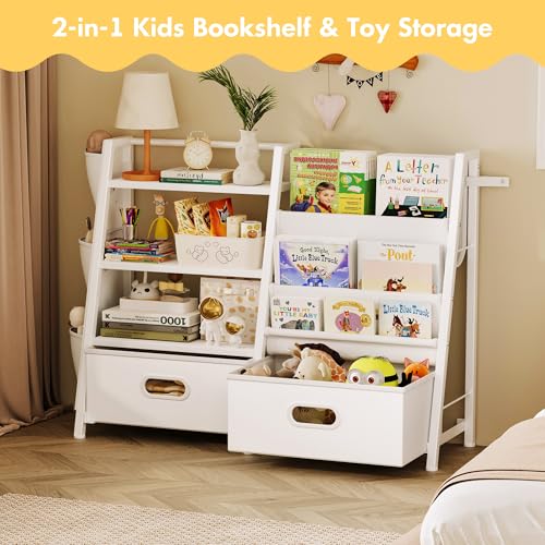 Kids Bookshelf and Toy Storage Organizer with 2 Bins, 3-Tier White Wood
