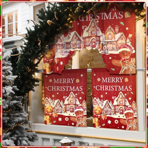 Remagr Gingerbread Man Christmas Kitchen Curtains 3-Piece Set Valance + 2 Panels 35.83 x 59.84 / 35.83 x 29.92