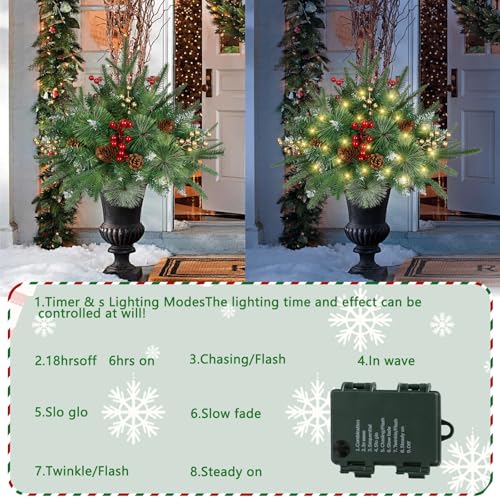 Careforge 2-Pack 24in Pre-Lit Outdoor Pine Urn Filler with 100 LED Warm White Lights (Green)