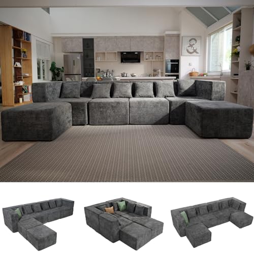 130-Inch Modular Sectional Sofa, 6-Seater Chenille Cloud Couch with Ottoman