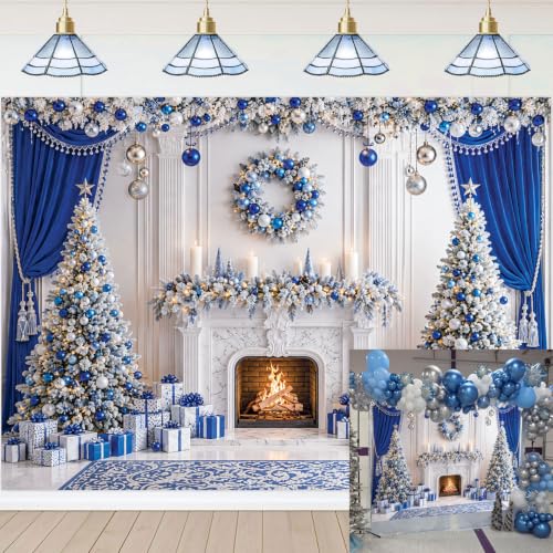 7x5FT Blue Silver Christmas Backdrop with Fireplace Scene - CUMIA