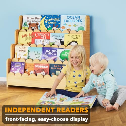 4-Tier Wooden Montessori Bookshelf for Kids, Scalloped Toy Storage Rack