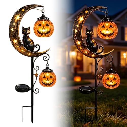 Solar Halloween Black Cat & Pumpkin Moon Stake Light - Metal Yard Decor