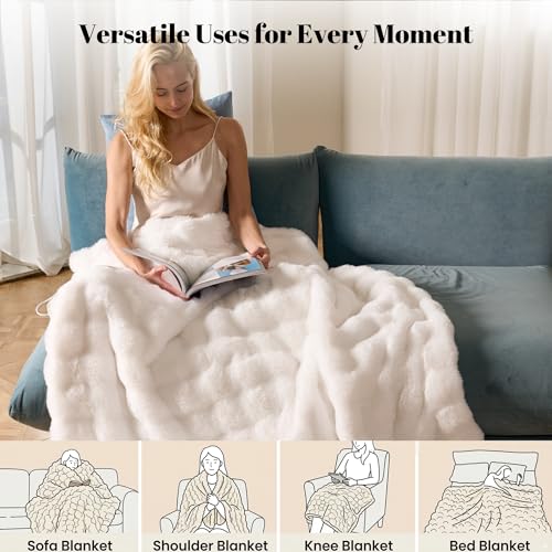 Electric Heated Throw Blanket, Faux Rabbit Fur, 1-10H Timer