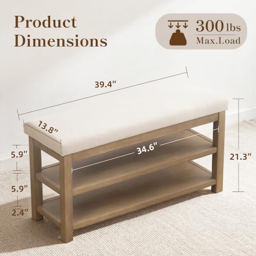 2-Tier Solid Wood Shoe Bench with Linen Cushion - 39.4-Inch Storage Rack